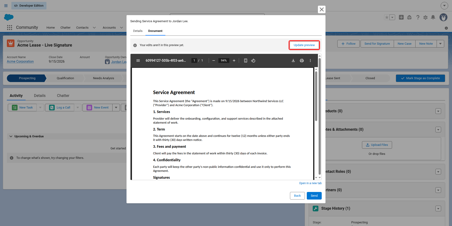 Document tab with the Update preview button highlighted