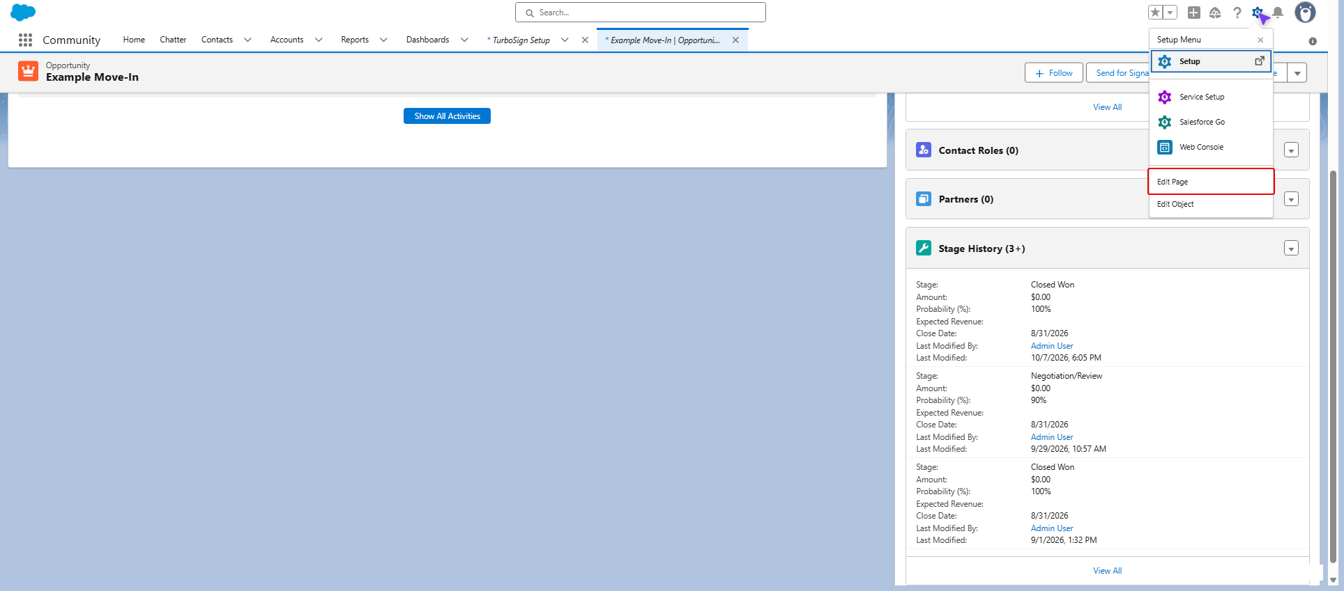 Gear menu with Edit Page highlighted