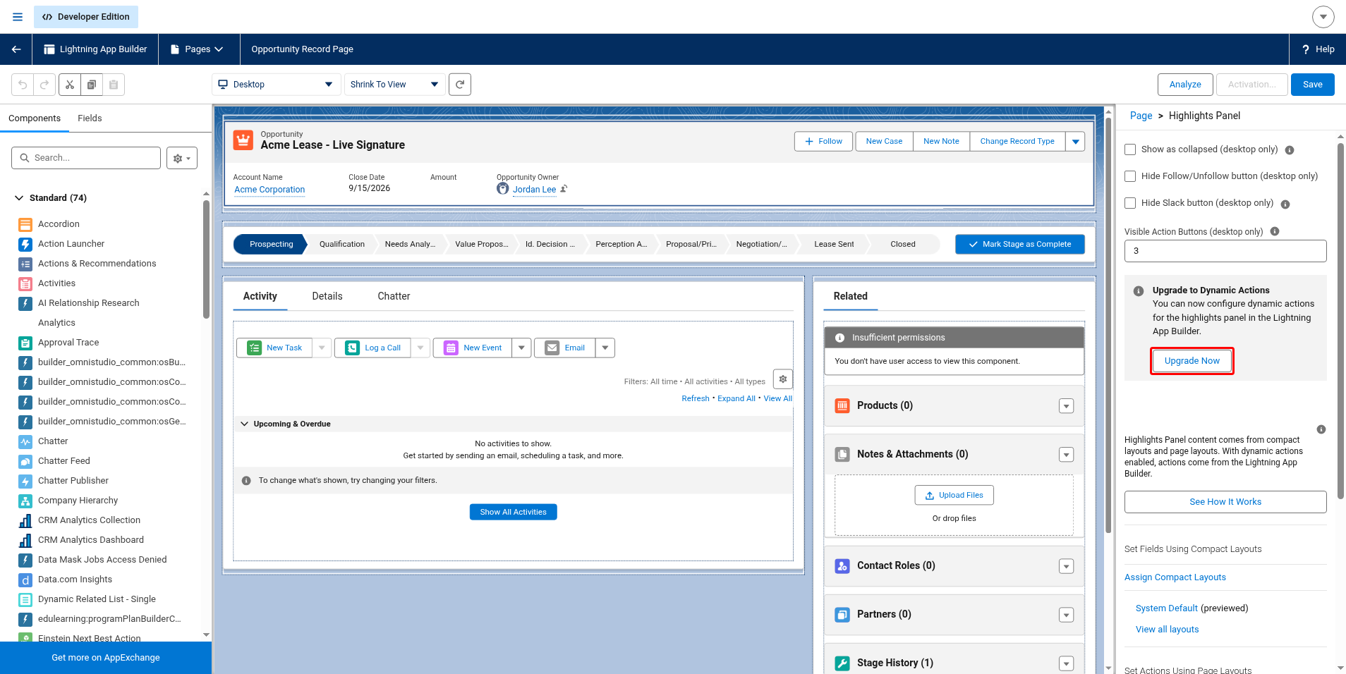 Lightning App Builder with the Highlights Panel selected and the Upgrade Now button highlighted
