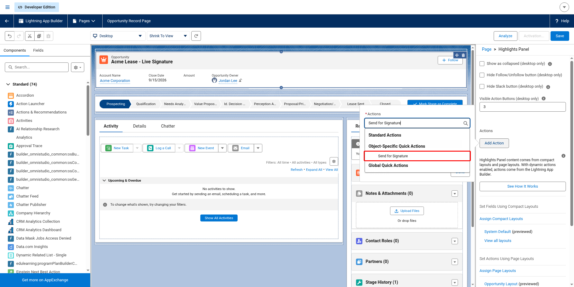 Add Action dialog with Send for Signature highlighted
