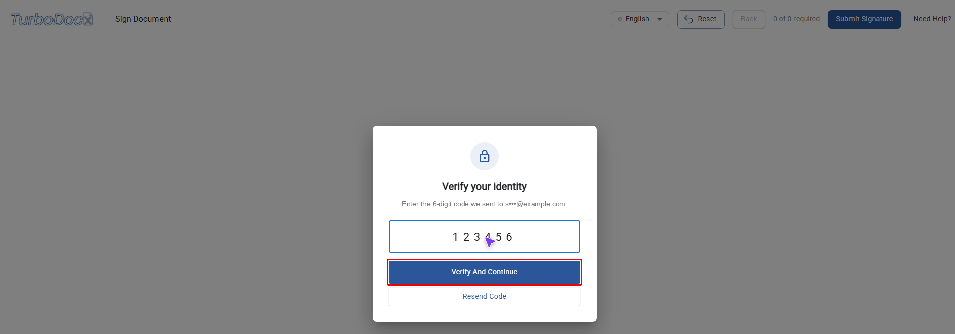 Code entry screen with Verify And Continue highlighted