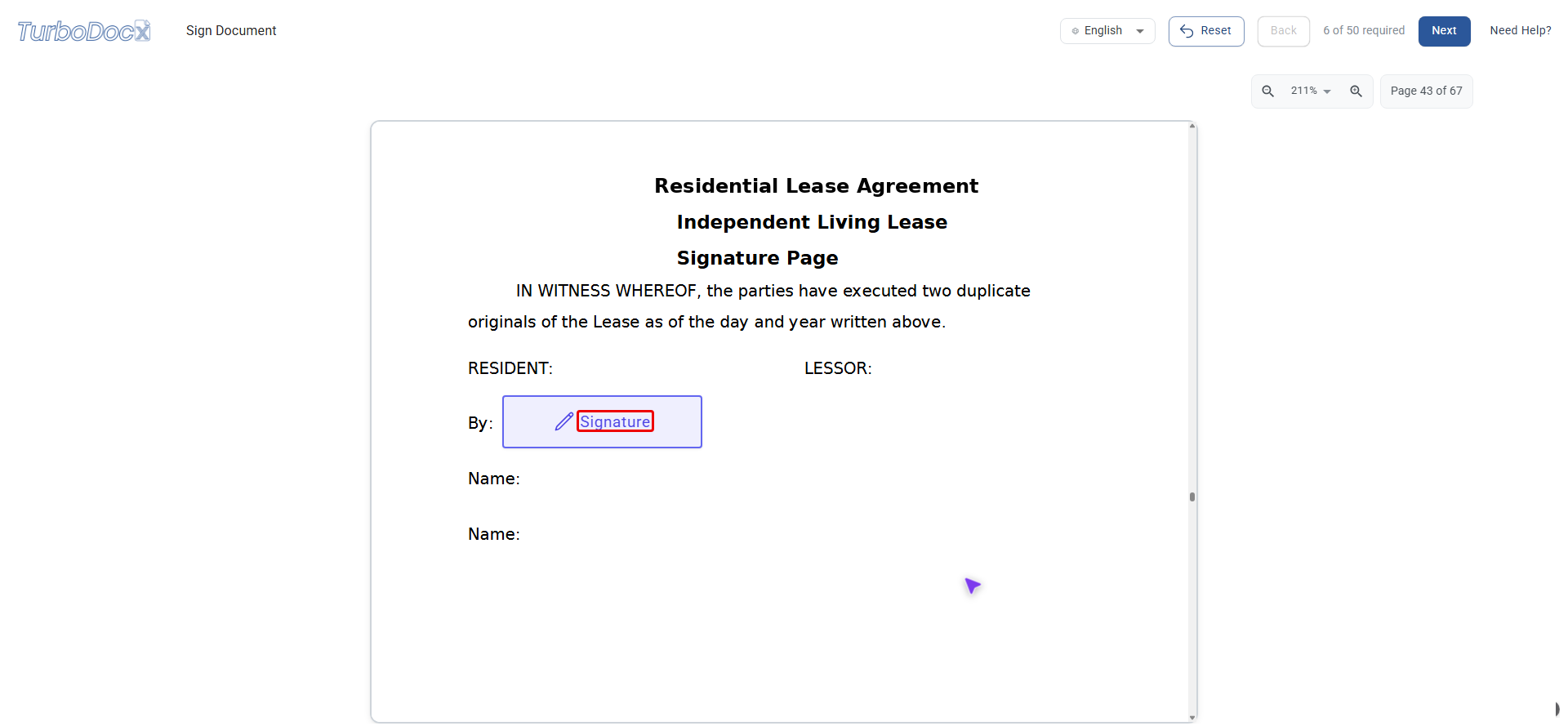A Signature box highlighted in the document