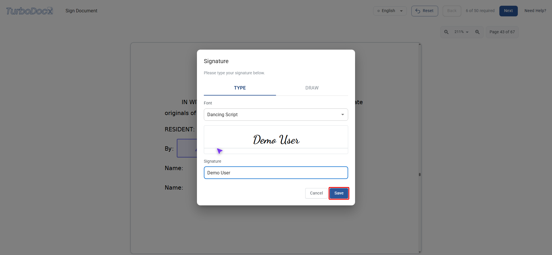 Signature dialog with the Save button highlighted