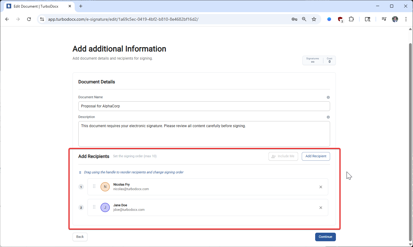 Add recipients interface showing all options