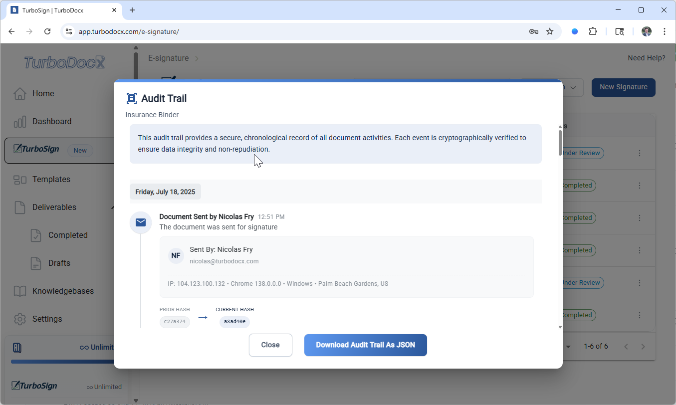Audit trail overview showing complete timeline
