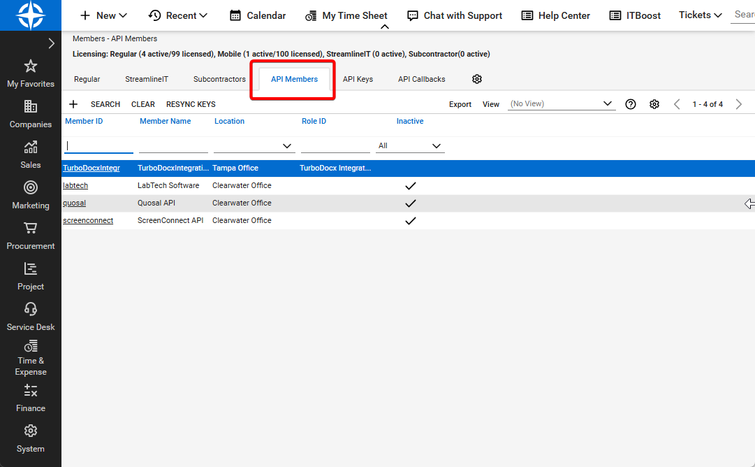 Click API Members Tab