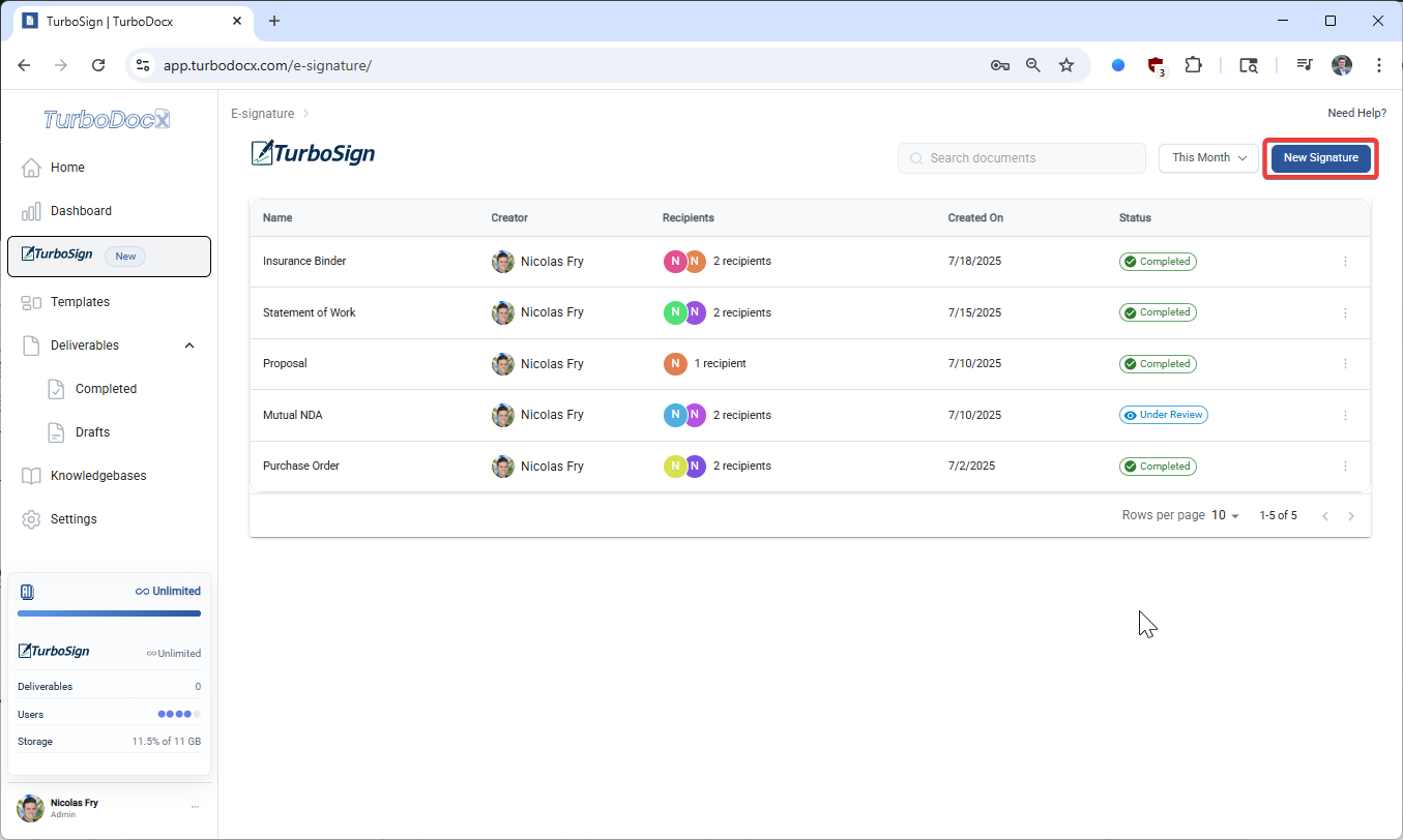 New Signature button on TurboSign dashboard