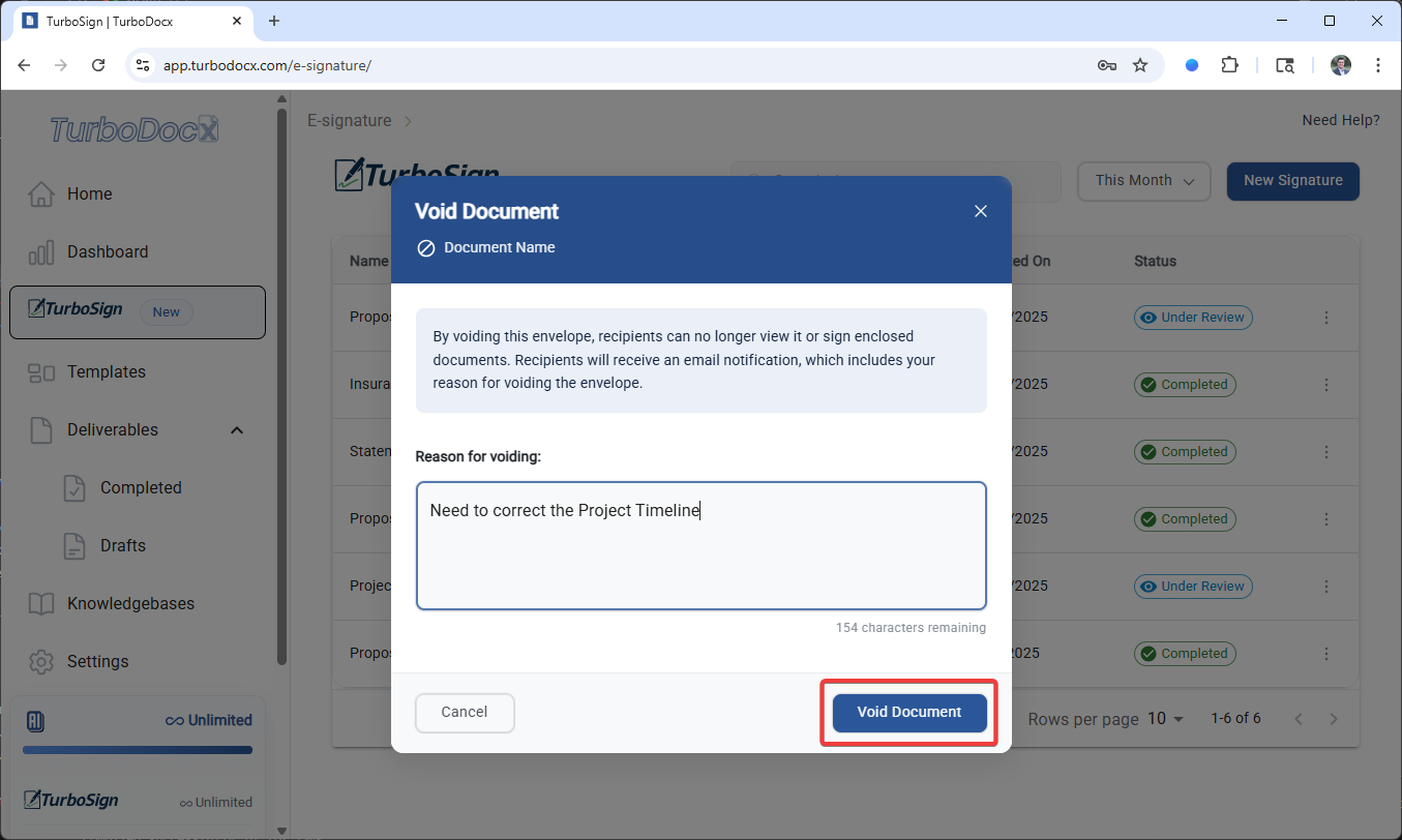 Clicking void document confirmation button