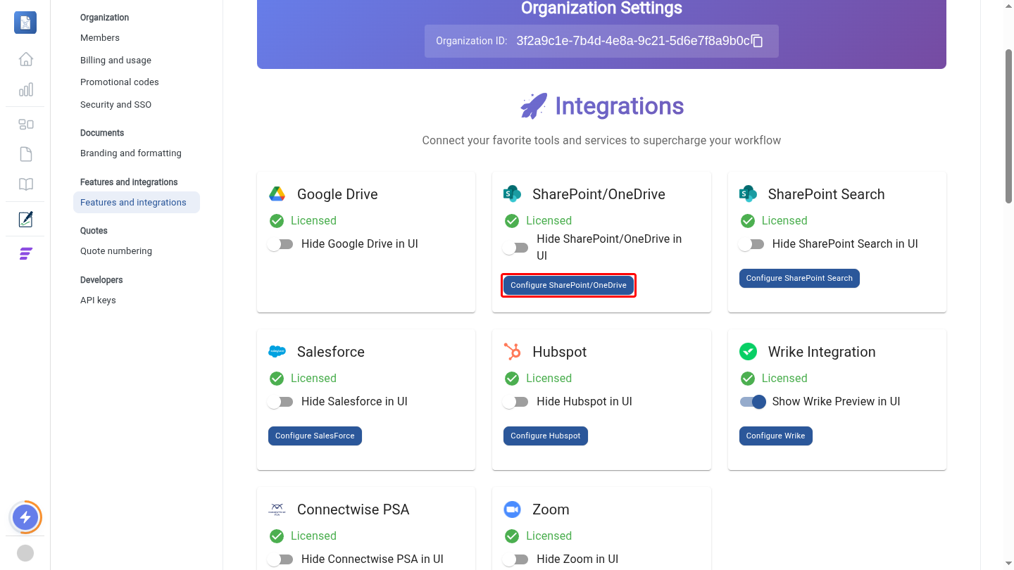 SharePoint/OneDrive card with the Configure SharePoint/OneDrive button highlighted