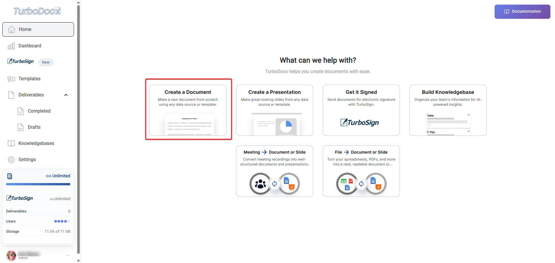 Document Creation Page