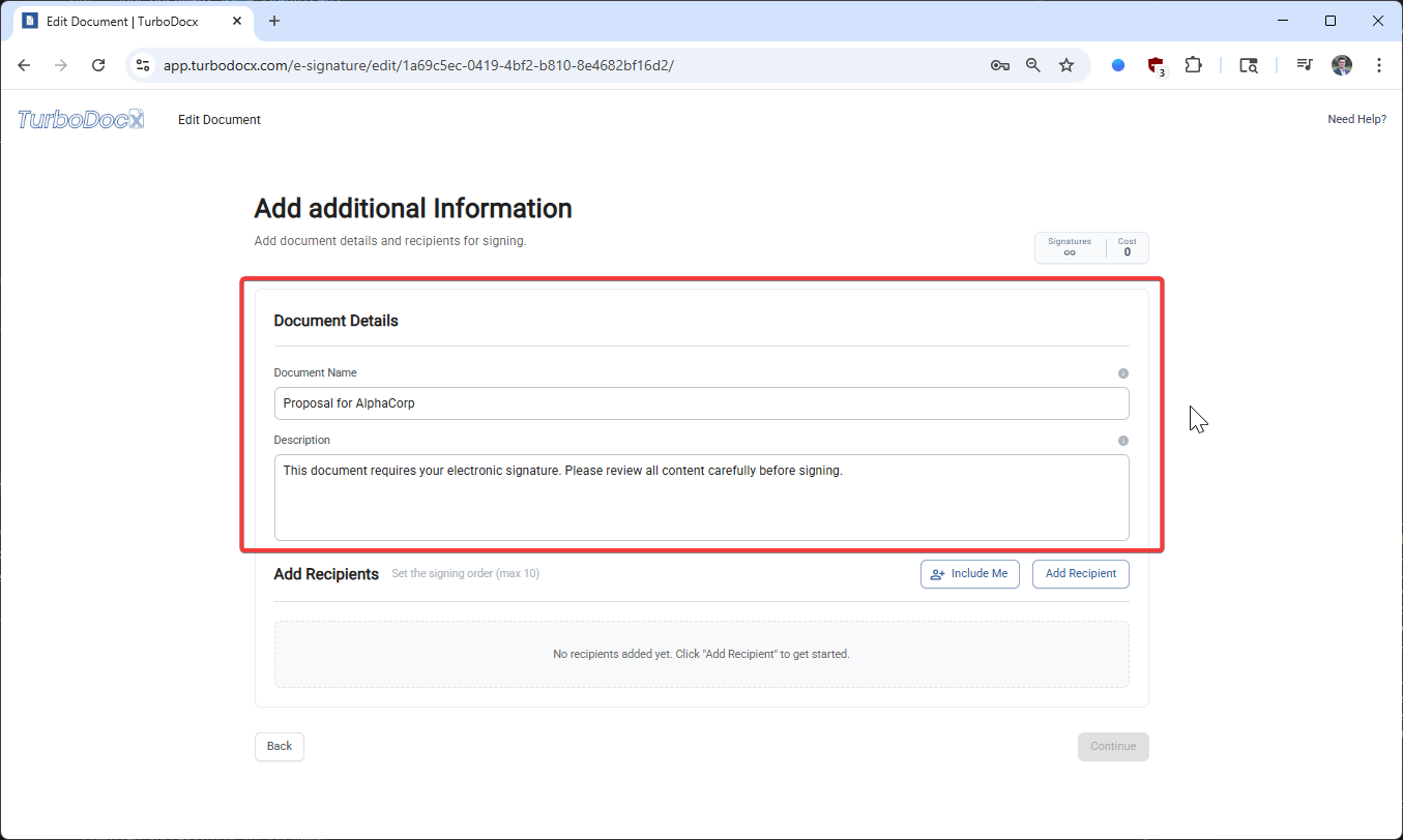 Document details form with name and description fields