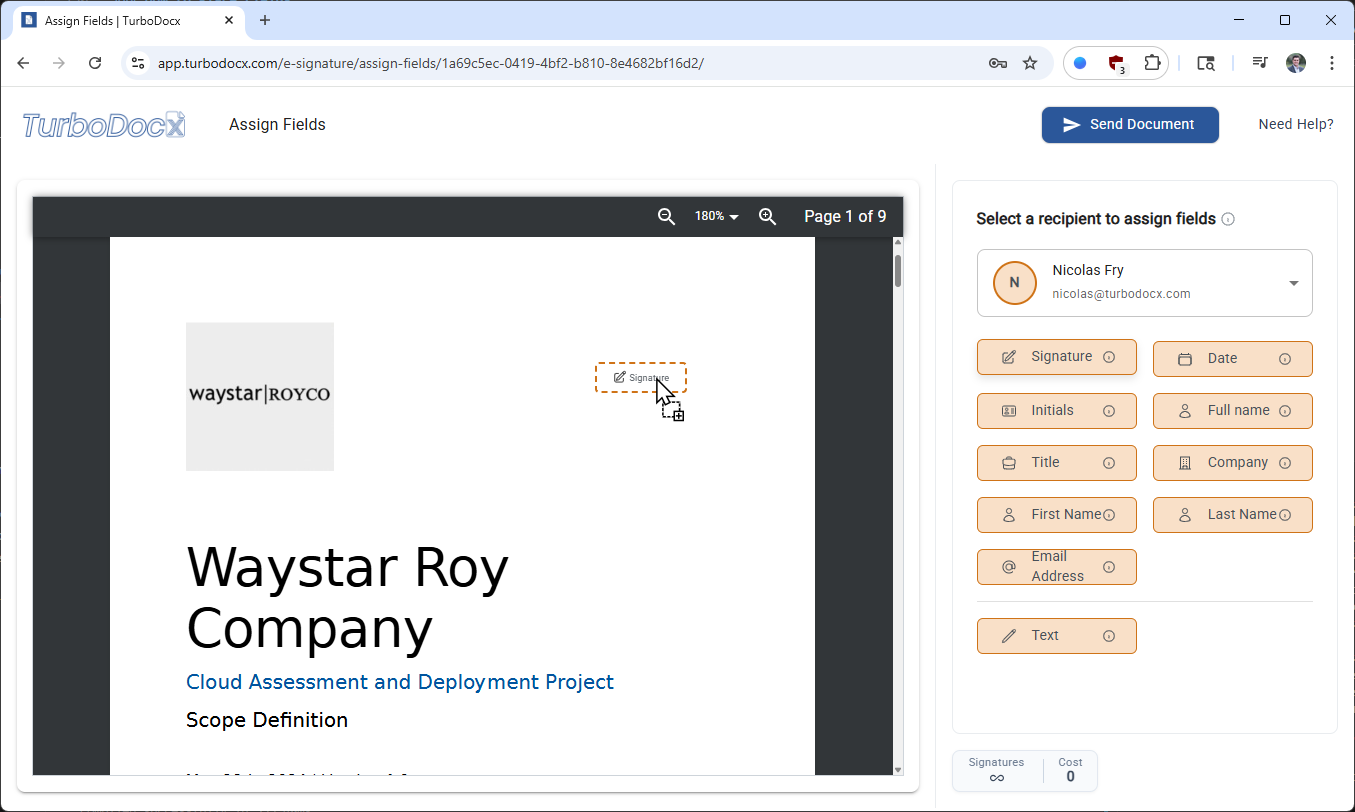 Document with signature fields placed and recipient assignments