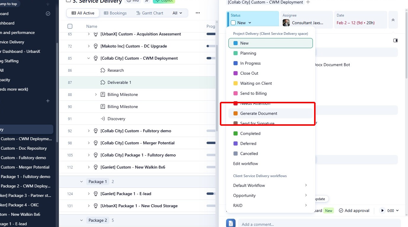 Change status to Generate Document