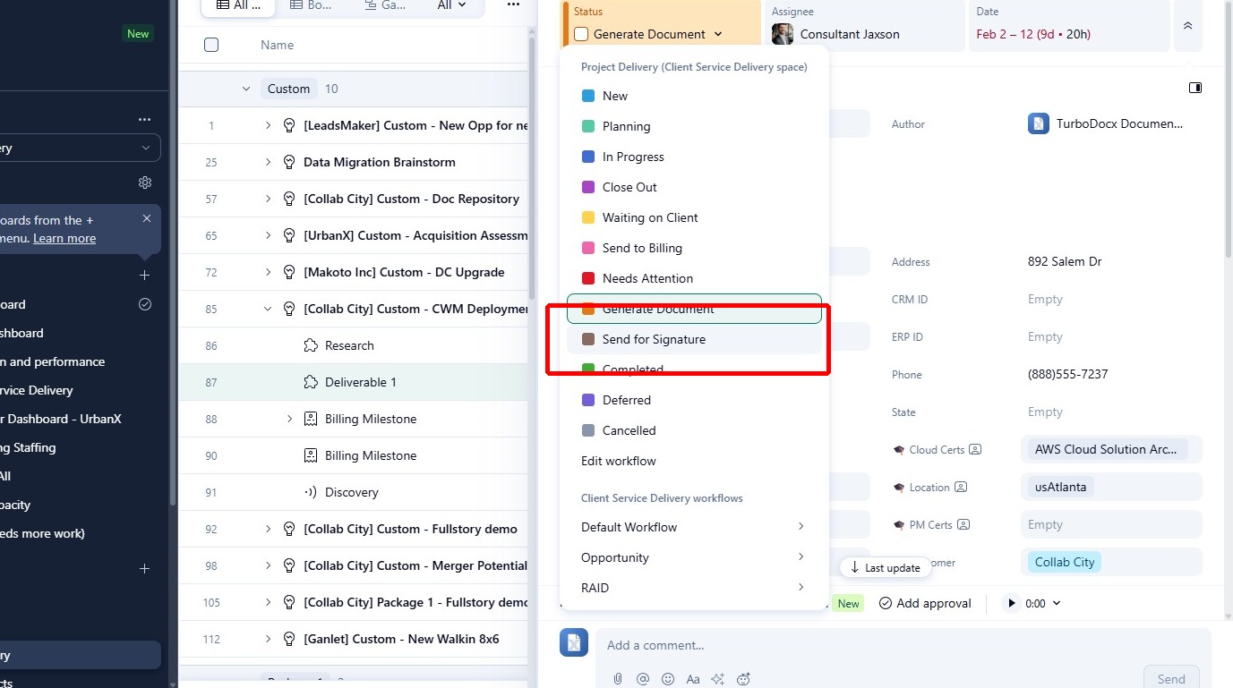 Change status to Send for Signature