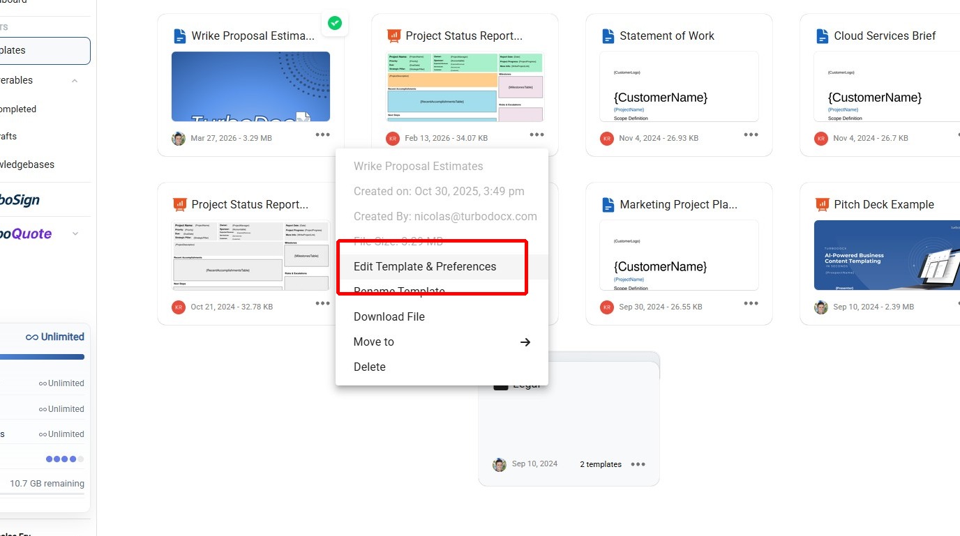 Edit Template and Preferences