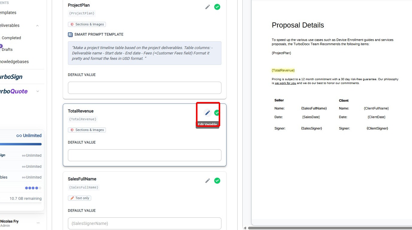 Open Variable Settings