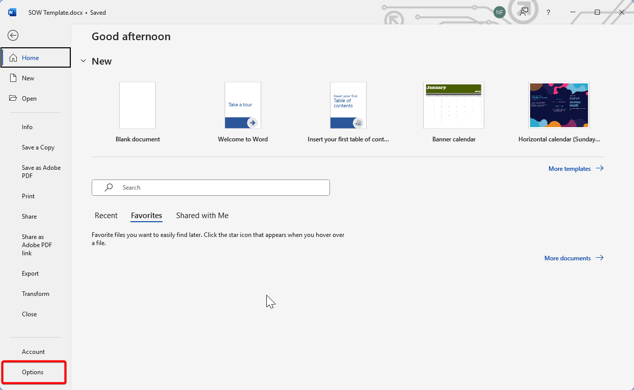 This is the image for clicking file -&gt; options in Microsoft Word.