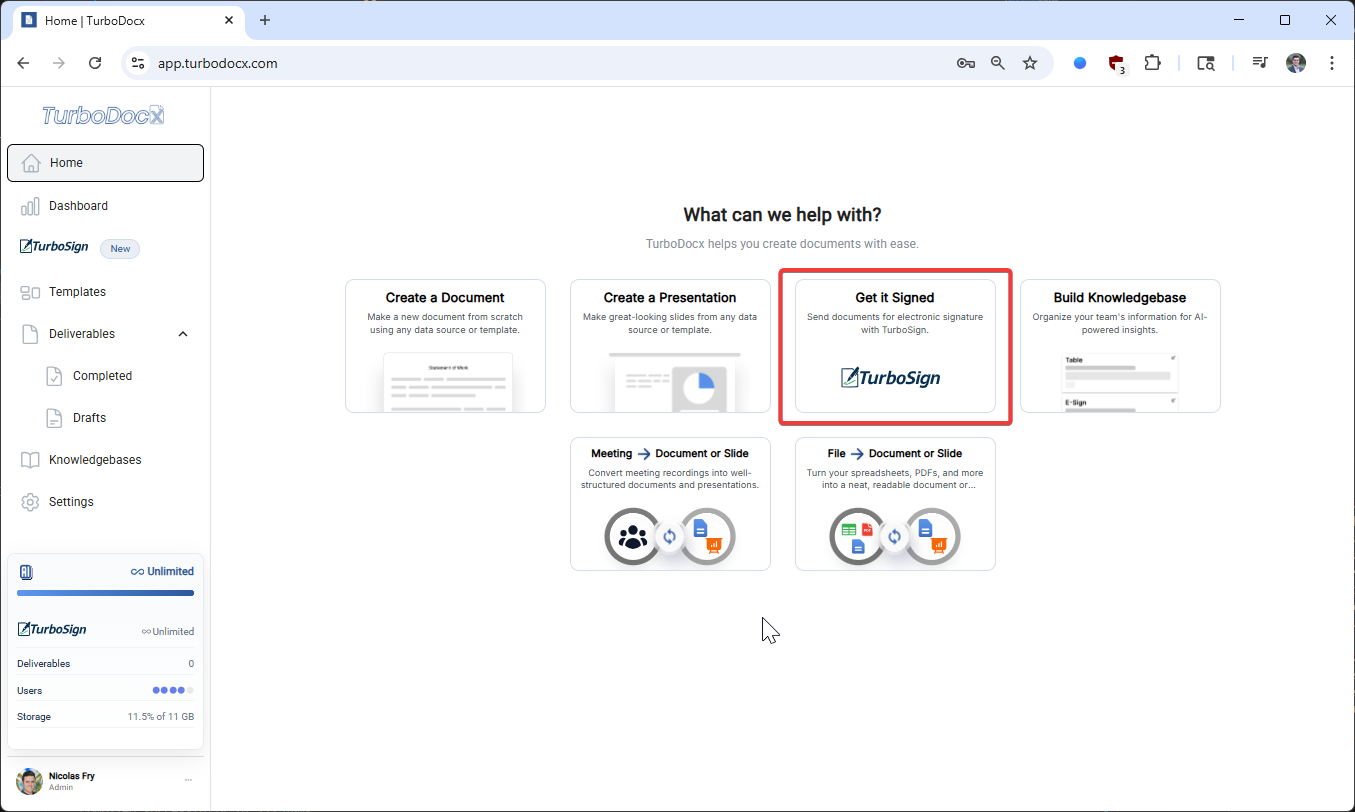 Get It Signed button on TurboDocx homepage