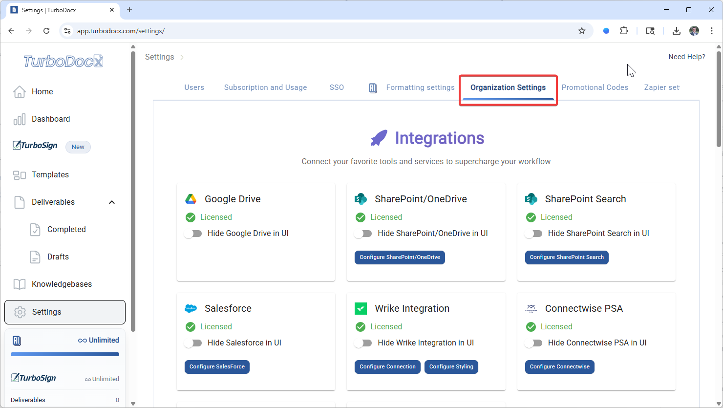 Go to Organization Settings