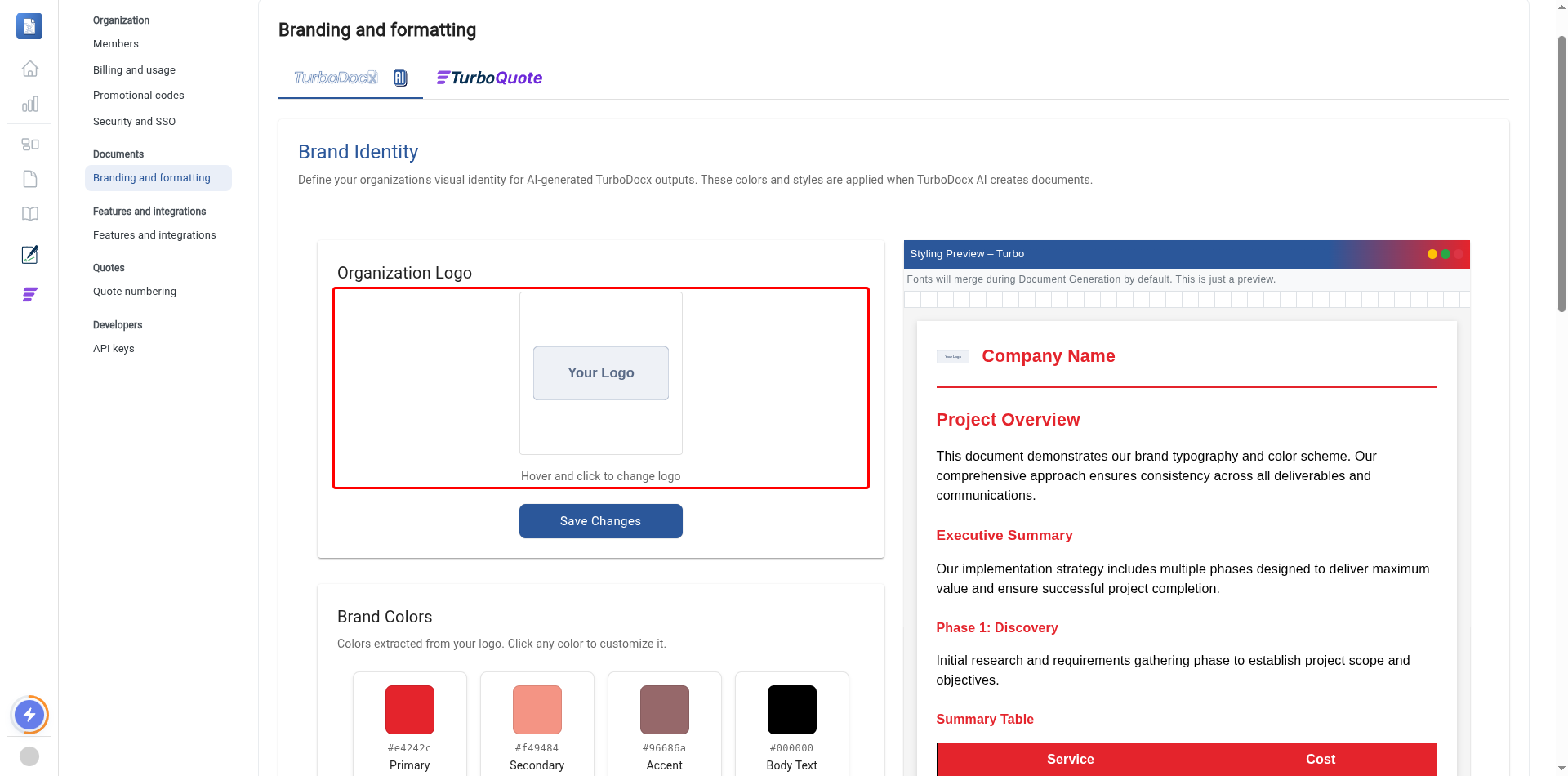 Organization Logo upload area highlighted on the Branding and formatting page