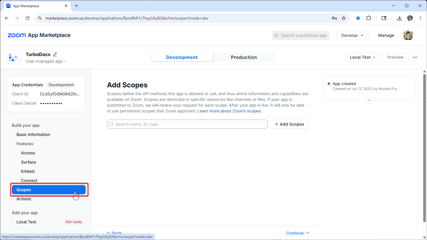 Navigate to Scopes Section