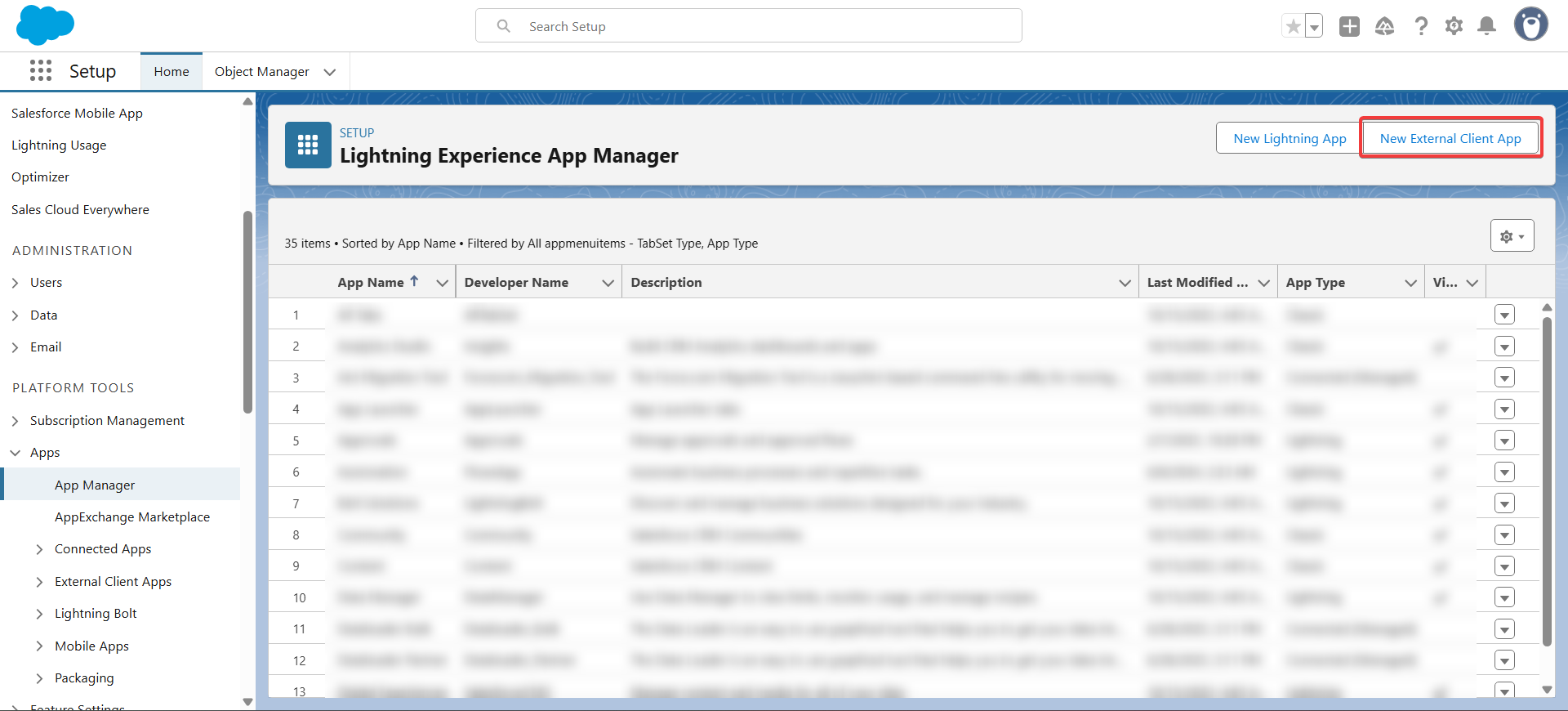 App Manager Screen with New External Client App Button