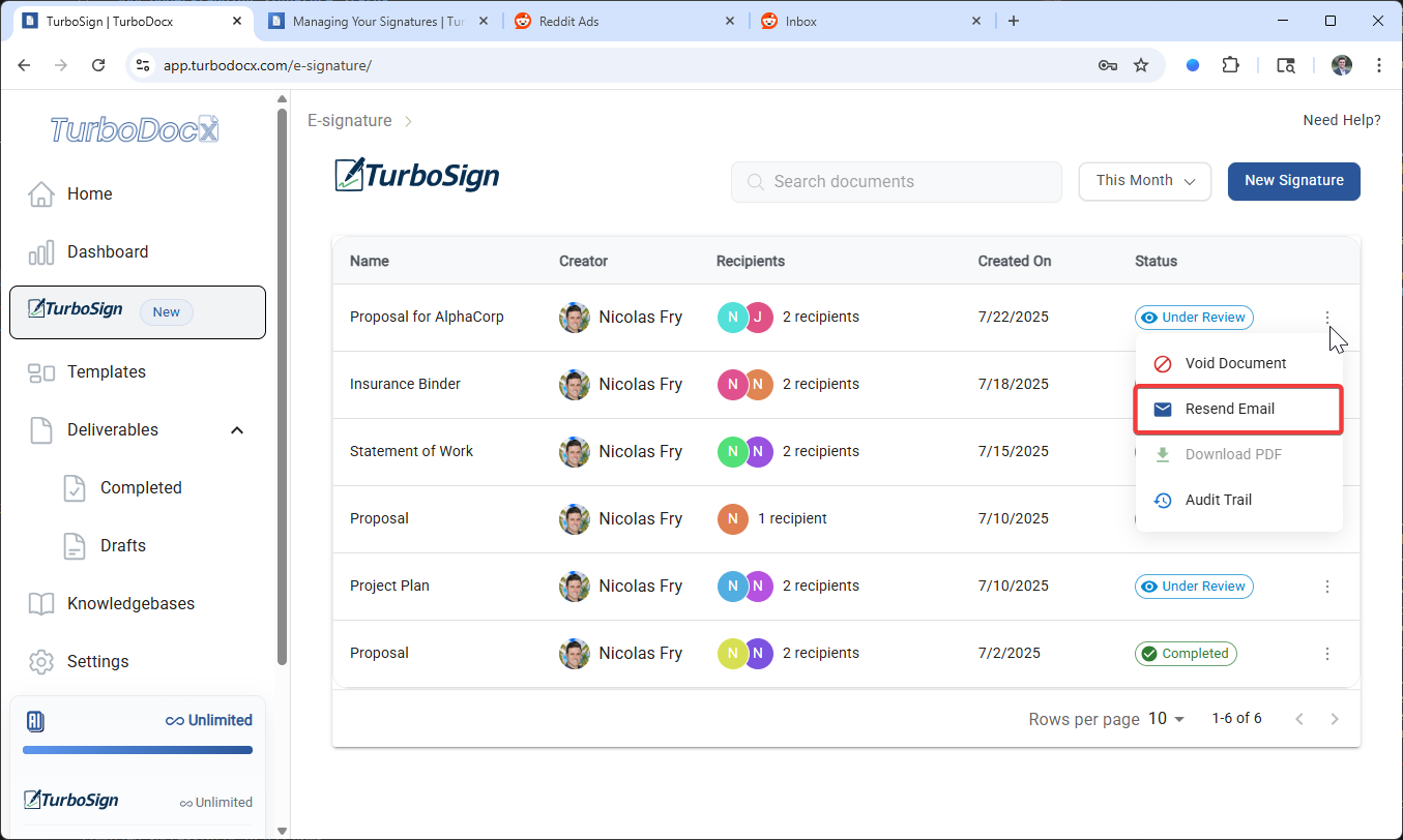 Document context menu showing resend email option