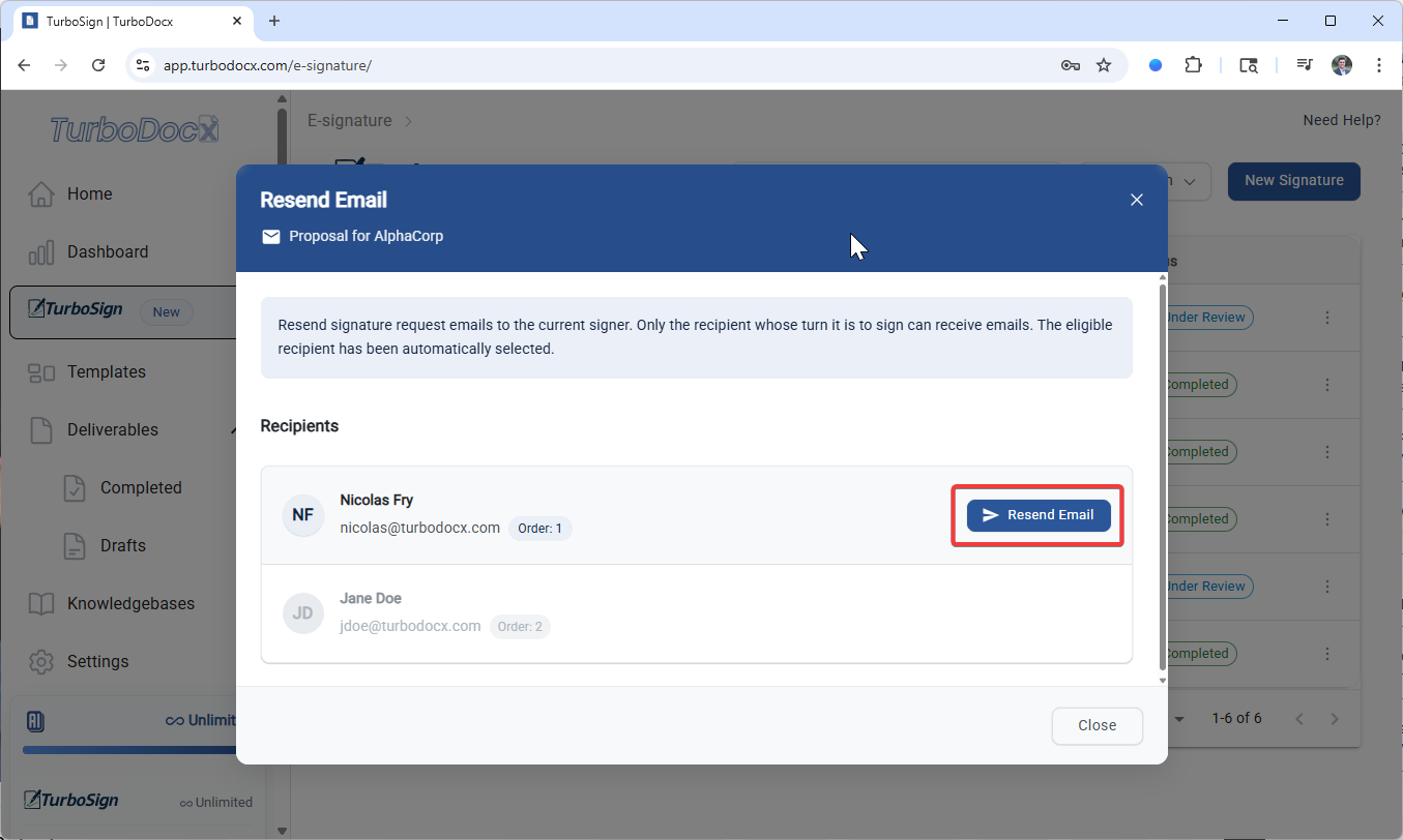 Resend email modal showing recipient selection