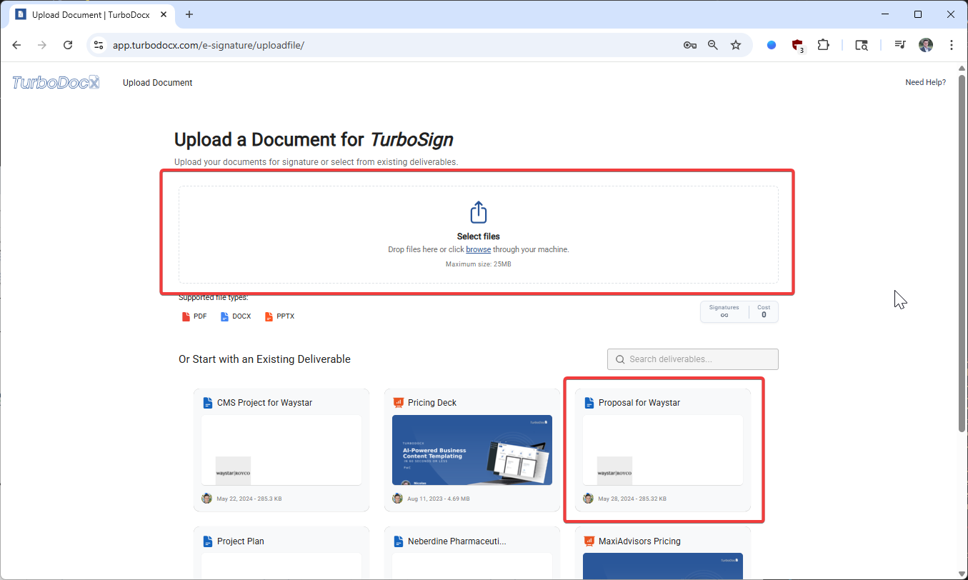 Document upload and selection interface