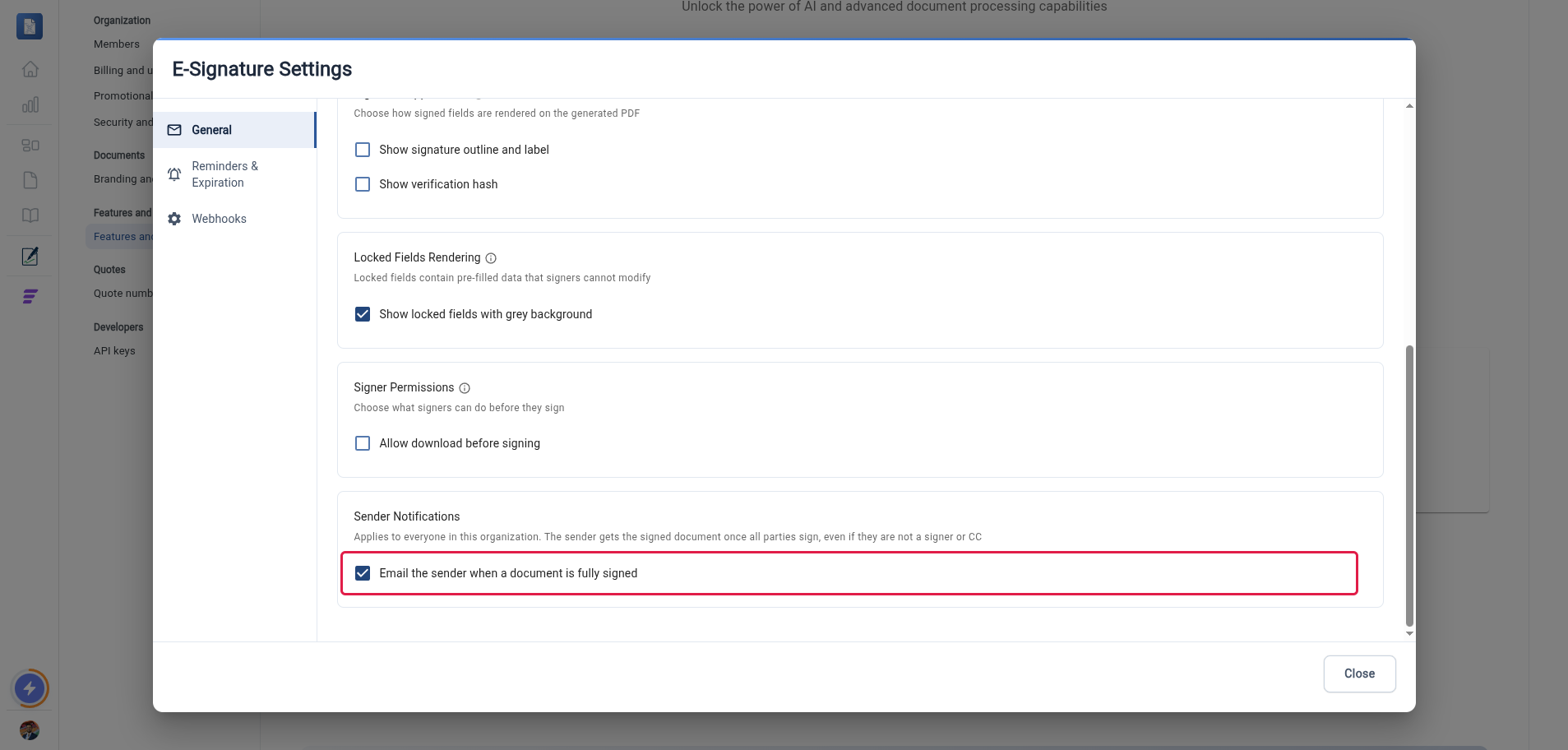 E-Signature Settings dialog with the Email the sender when a document is fully signed checkbox highlighted