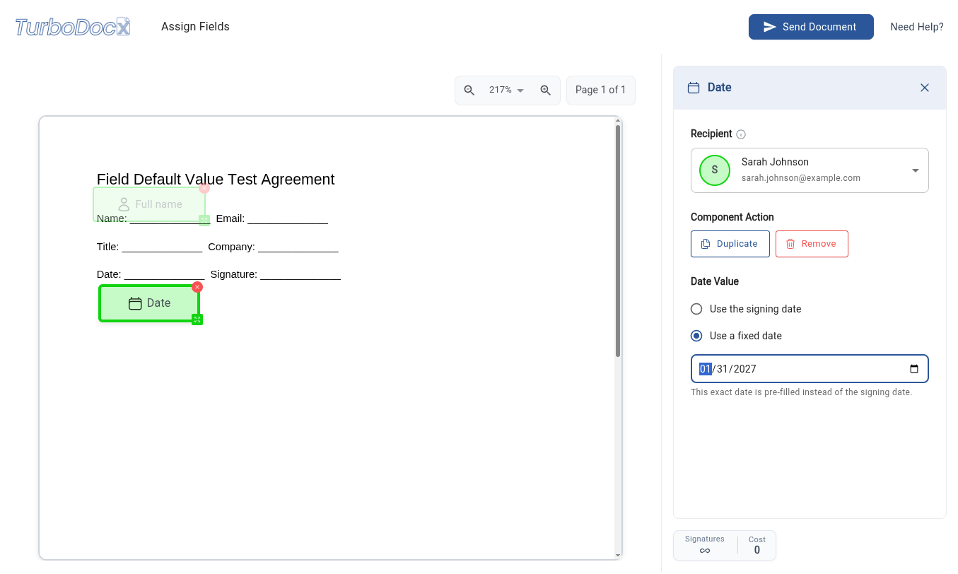 Date field panel with "Use a fixed date" selected and a date chosen