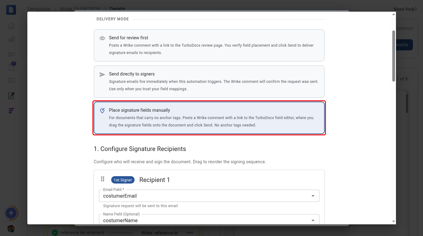 The Delivery Mode section with the "Place signature fields manually" option highlighted