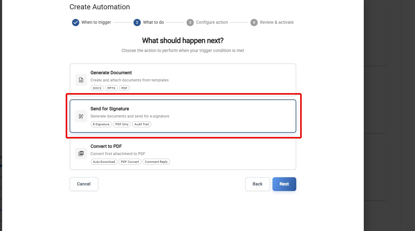 Select E-Signature Action