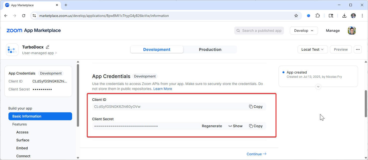 App Credentials Section