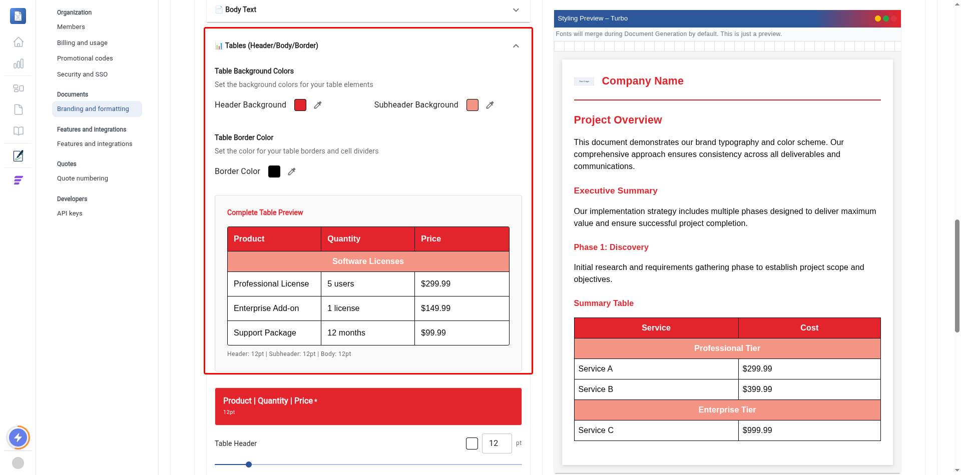 Tables section expanded and highlighted, with the table preview