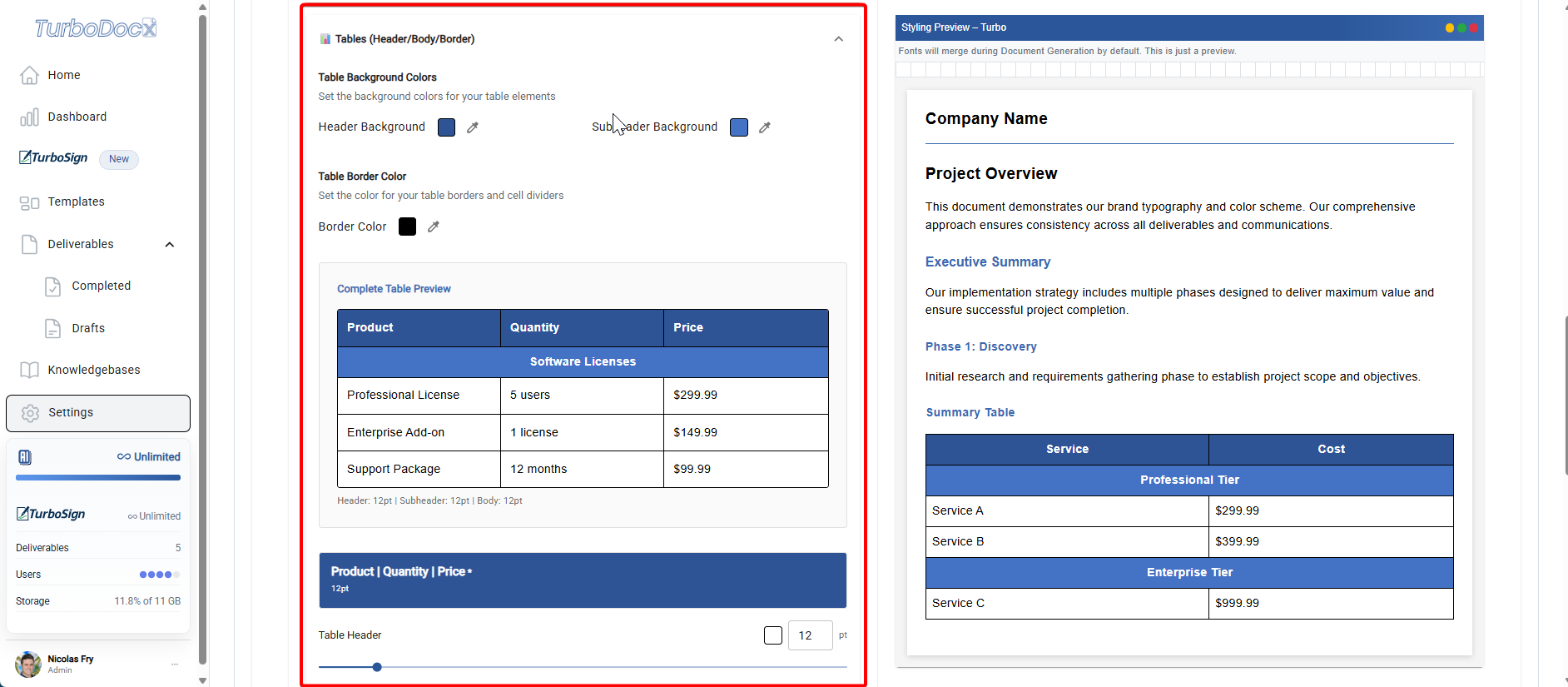 Table Styling Configuration