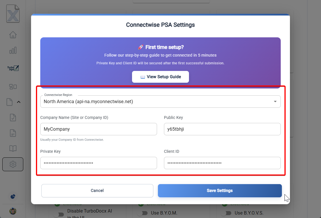 TurboDocx ConnectWise Configuration Fields