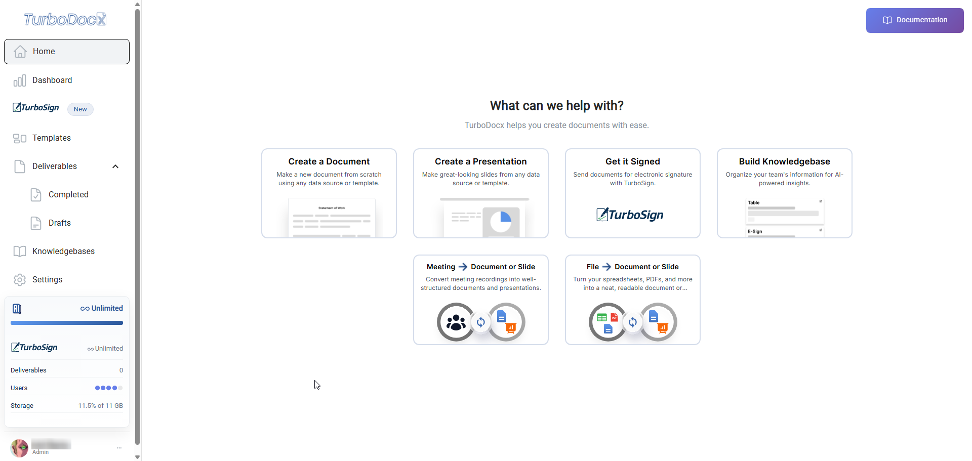 TurboDocx Main Dashboard