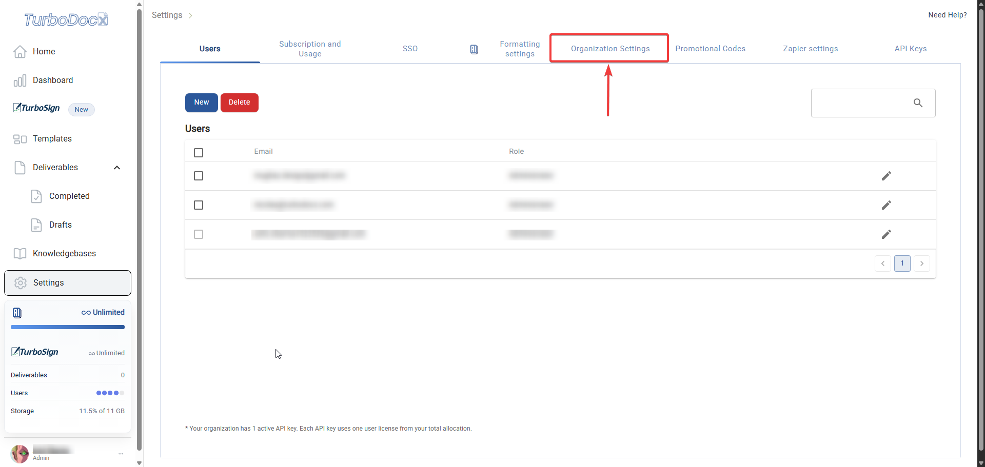 Organization Settings Page