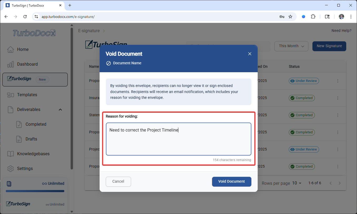 Void dialog with reason field