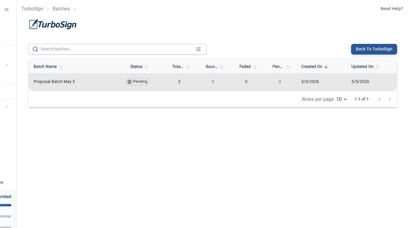 Batches dashboard showing batch status and job counts
