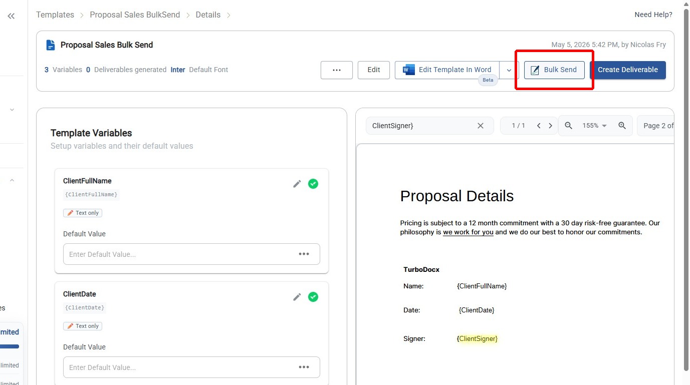 Bulk Send button on Edit Template &amp; Preferences page