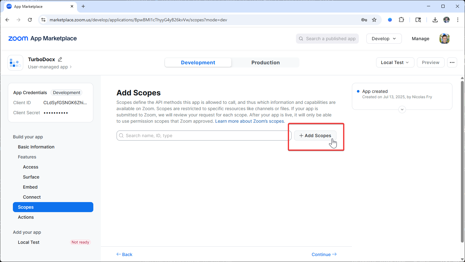Click Add Scopes Button