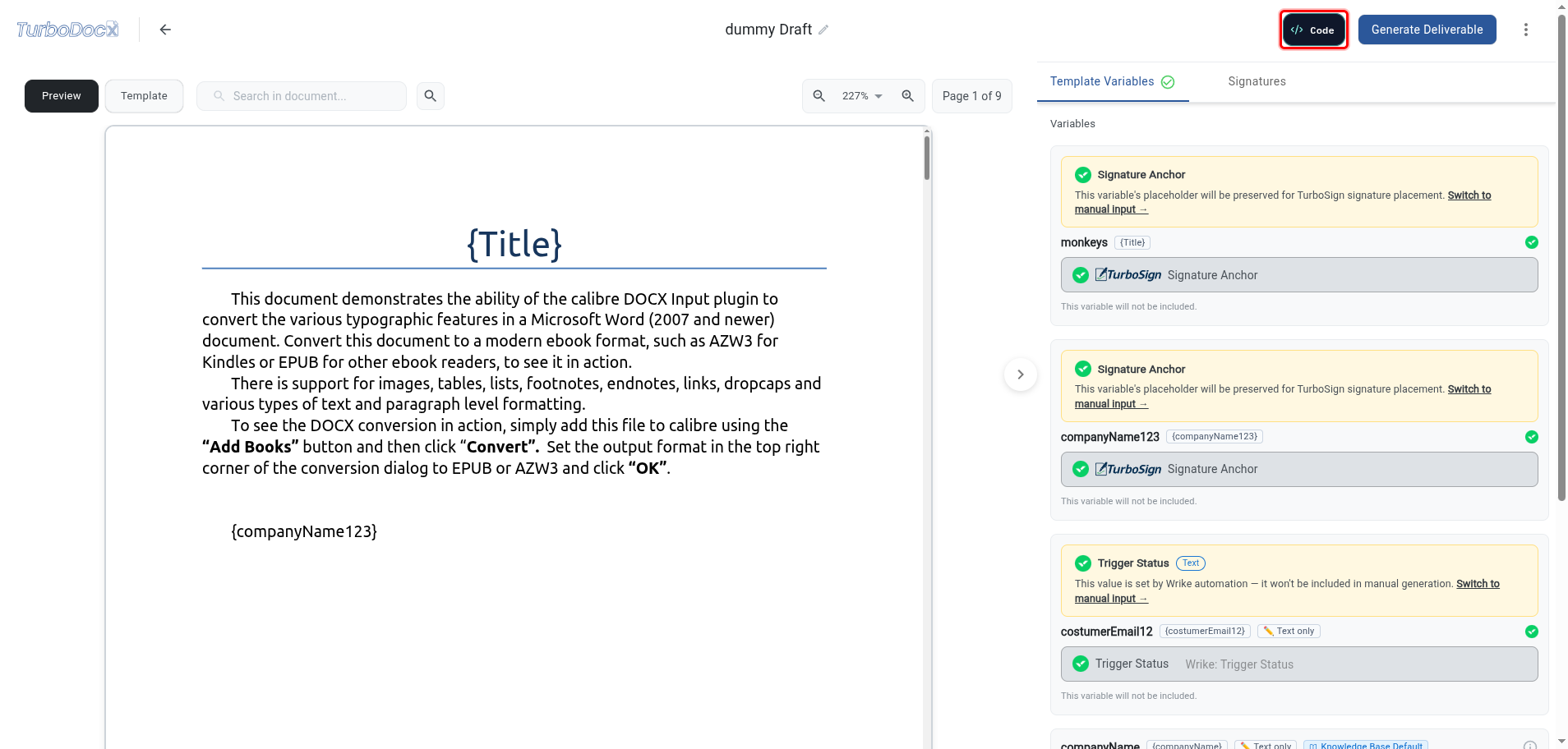 Template generate page with the Code button highlighted next to Generate Deliverable