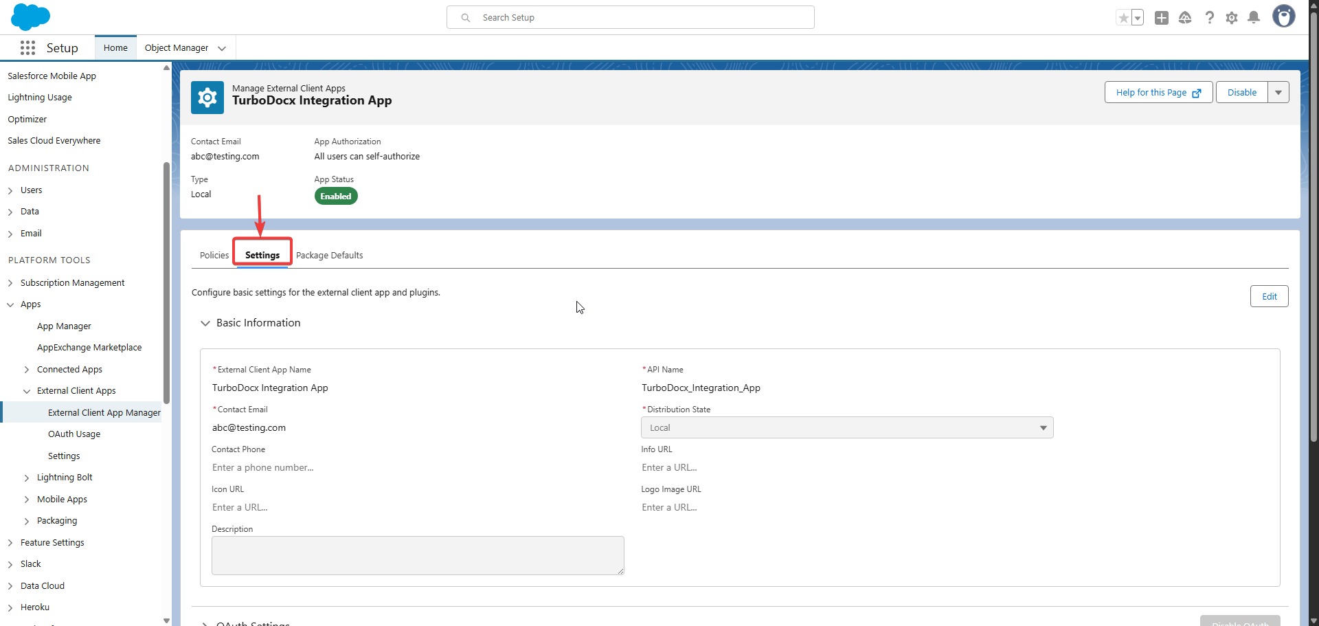 Settings Section