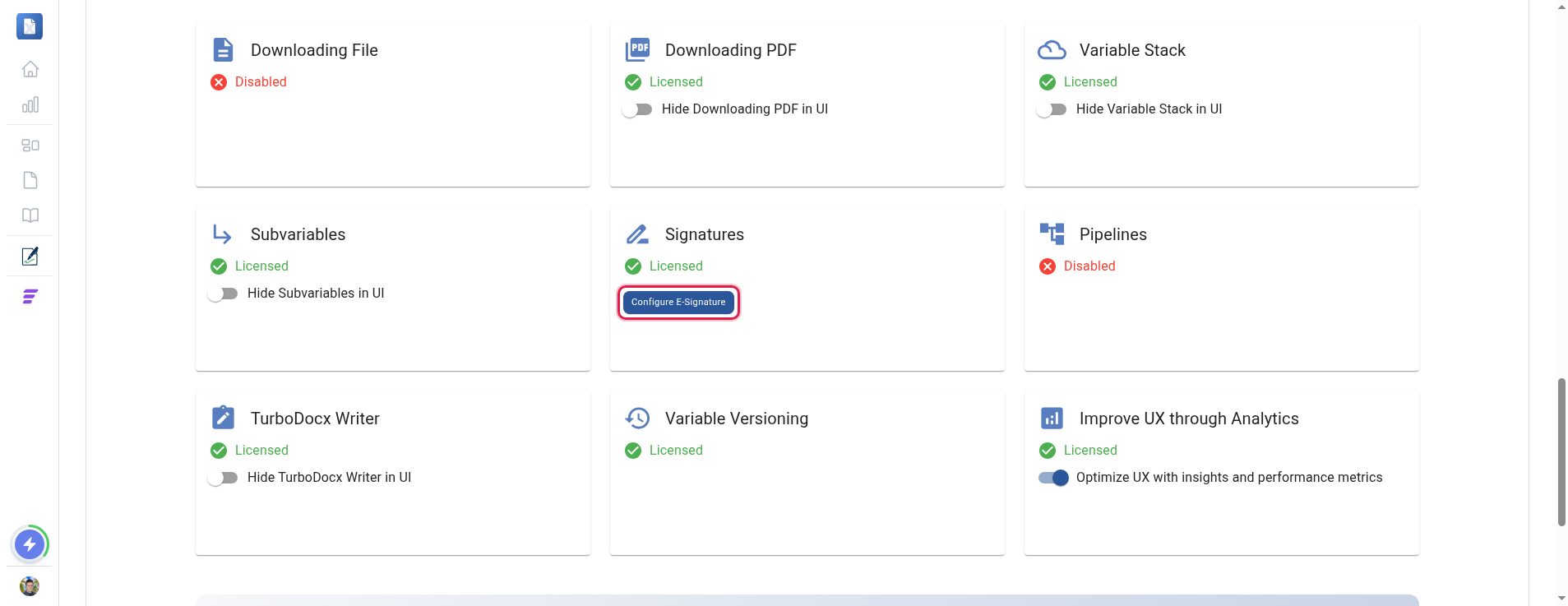 Organization Settings Core Features section with the Configure E-Signature button on the Signatures card highlighted