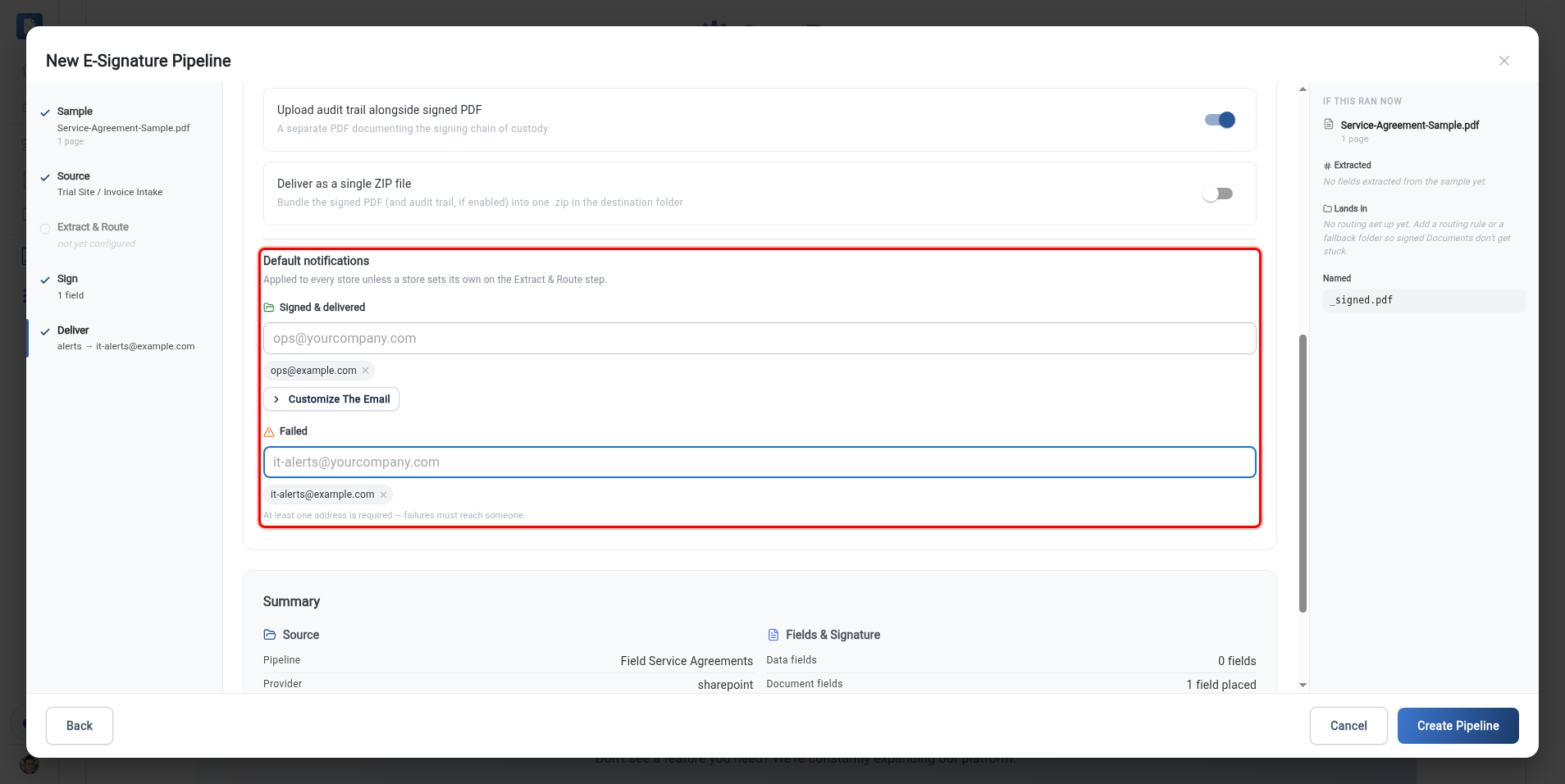 The Default notifications section highlighted, with the Signed and delivered and Failed recipient lists