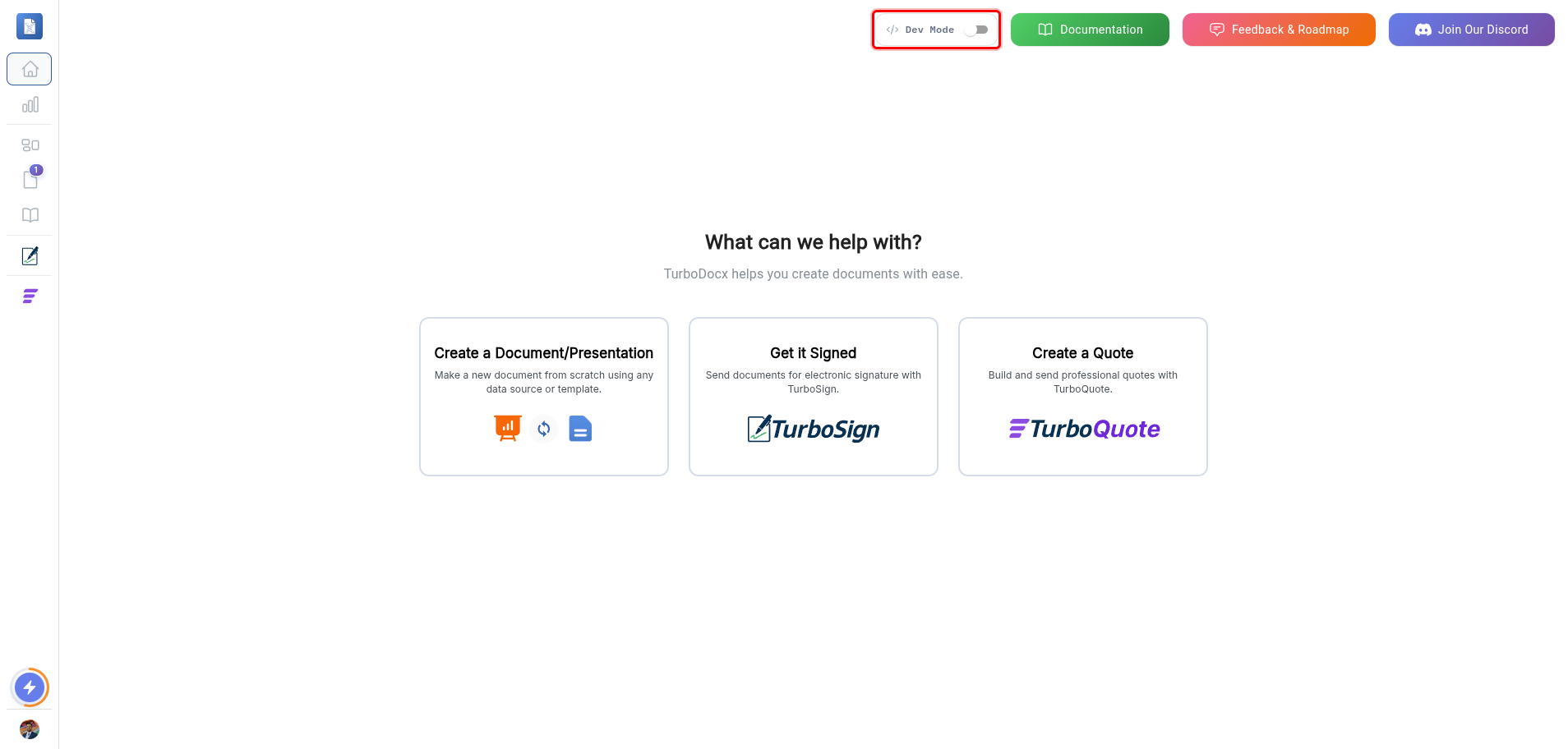 Home page with the Dev Mode switch highlighted in the top-right corner
