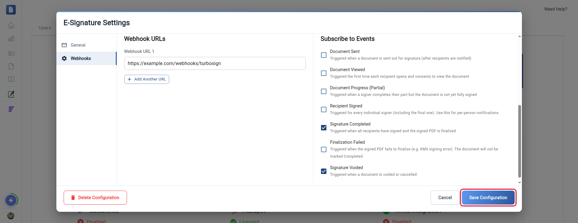 E-Signature Settings Webhooks tab with the Save Configuration button highlighted