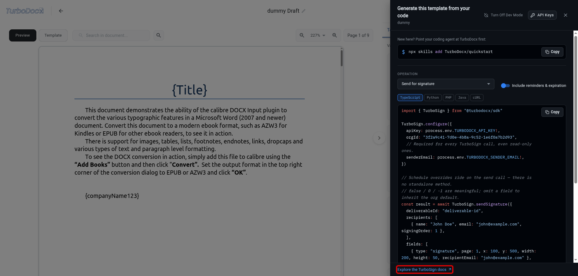 Code panel with the Explore the TurboSign docs link highlighted